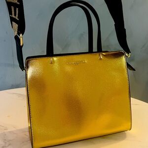 Karl Lagerfeld gold metallic handbag with black handlles & shoulder strap